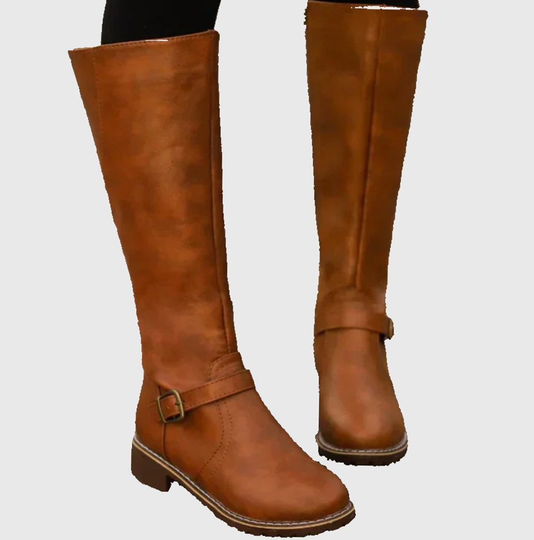 Women's Faux Leather Knee High Boots Buckle Strap Low Heel