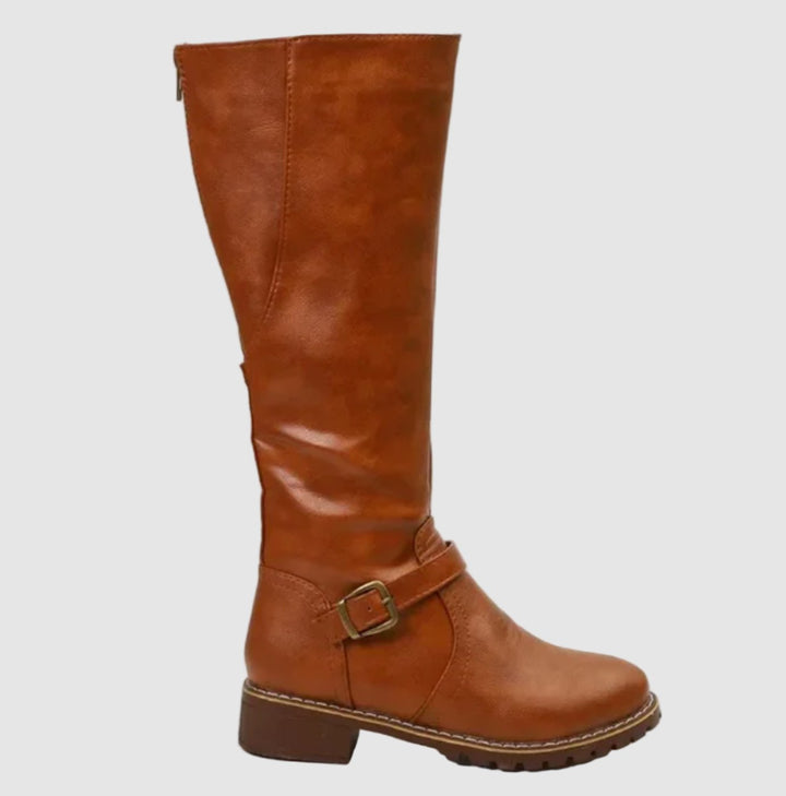 Women's Faux Leather Knee High Boots Buckle Strap Low Heel