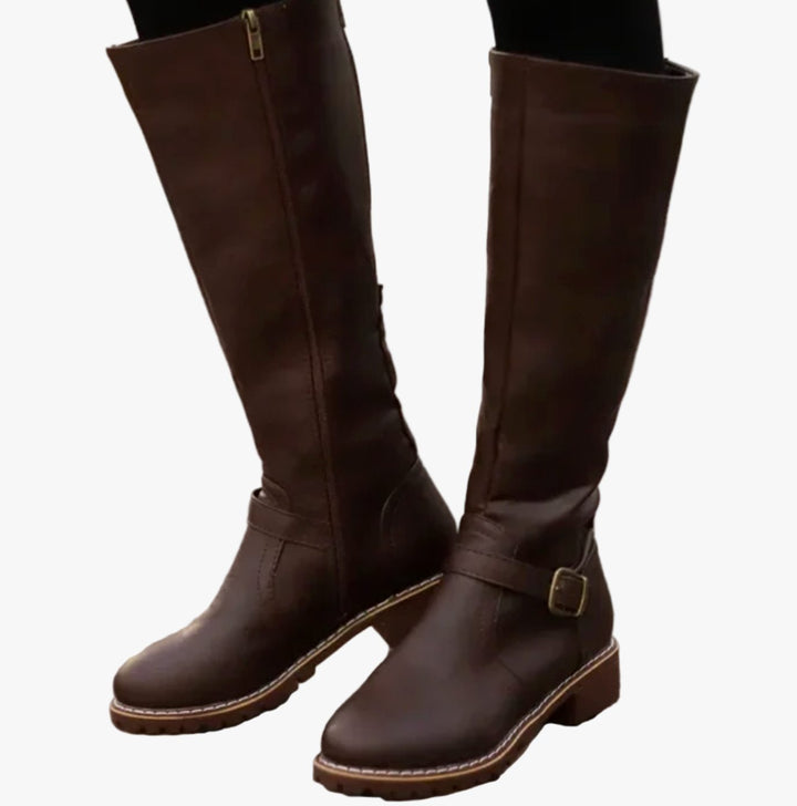 Women's Faux Leather Knee High Boots Buckle Strap Low Heel