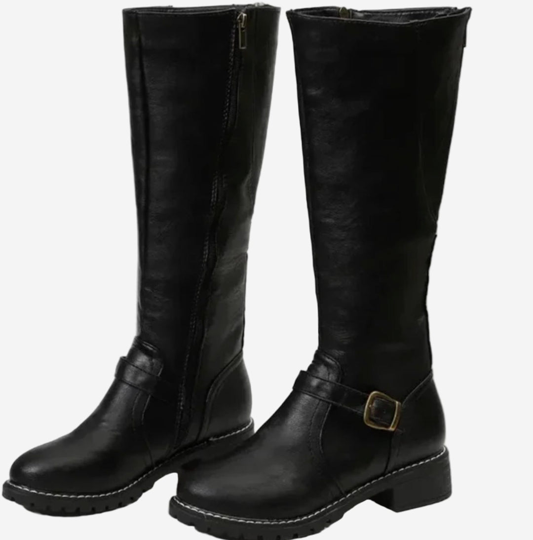 Women's Faux Leather Knee High Boots Buckle Strap Low Heel - Black