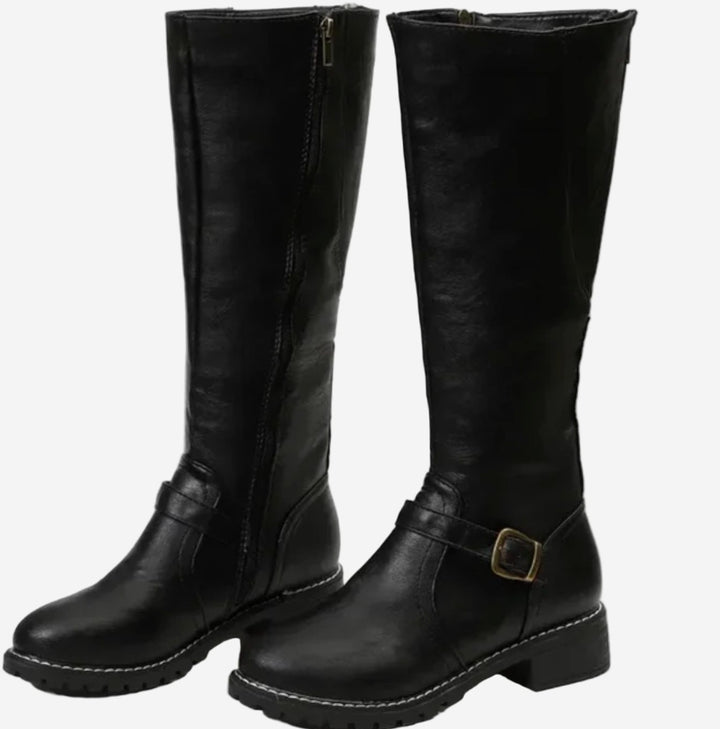 Women's Faux Leather Knee High Boots Buckle Strap Low Heel - Black