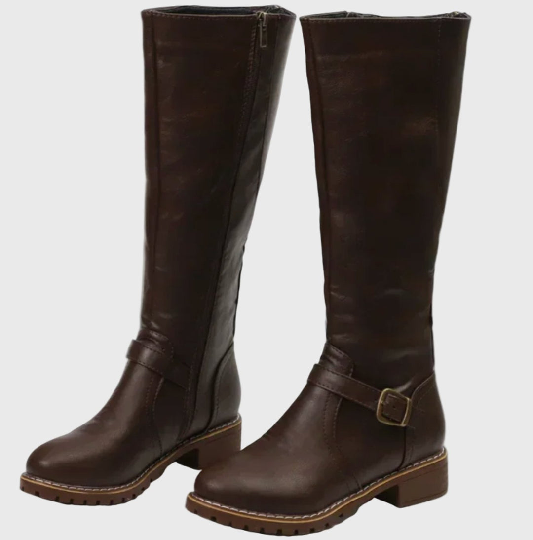 Women's Faux Leather Knee High Boots Buckle Strap Low Heel