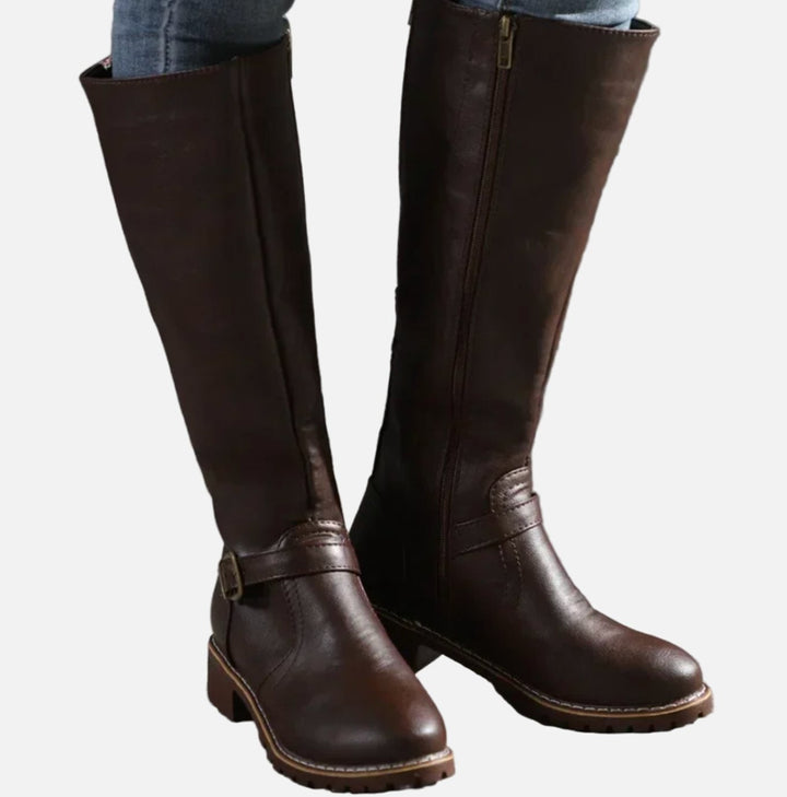 Women's Faux Leather Knee High Boots Buckle Strap Low Heel - Dark Brown