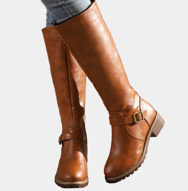 Women's Faux Leather Knee High Boots Buckle Strap Low Heel - Brown