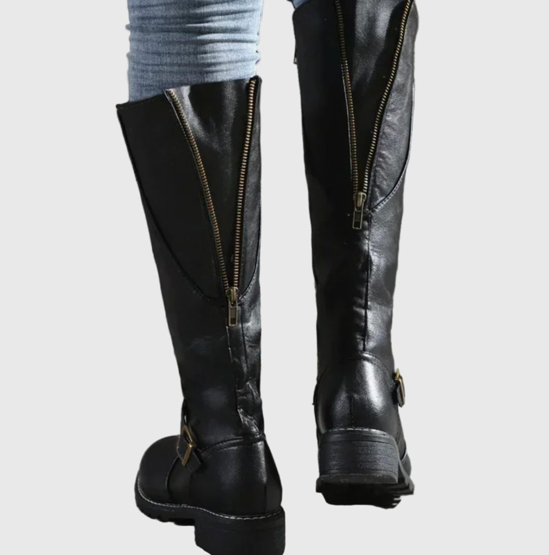 Women's Faux Leather Knee High Boots Buckle Strap Low Heel