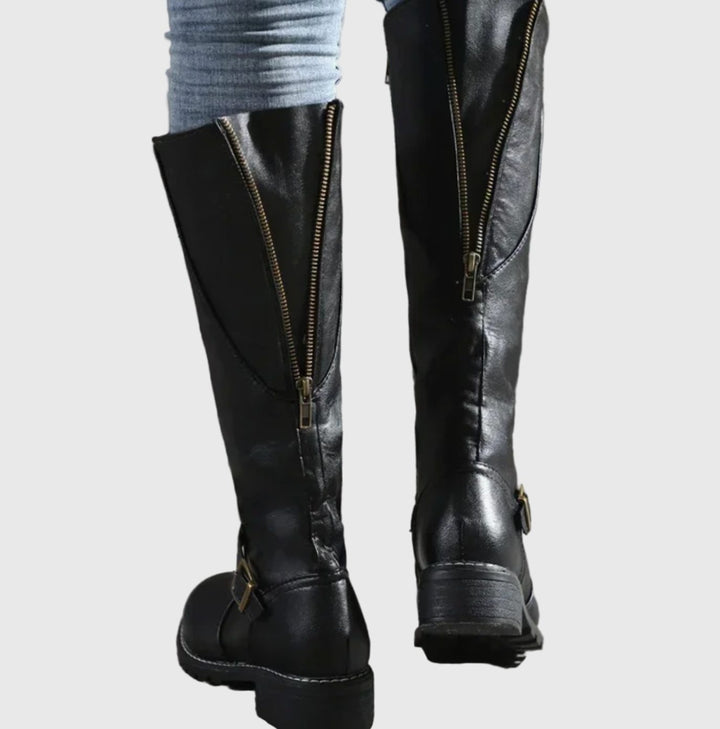 Women's Faux Leather Knee High Boots Buckle Strap Low Heel