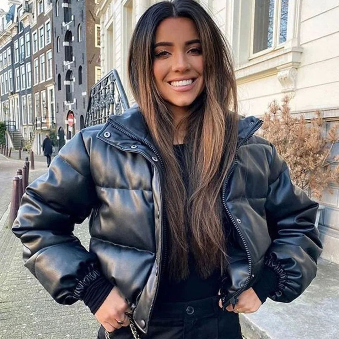 Women's Faux Leather Quilted Puffer Winter Coat Hooded Zipper - Black