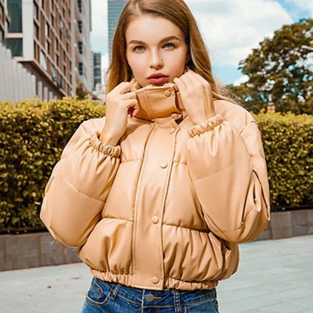 Women's Faux Leather Quilted Puffer Winter Coat Hooded Zipper