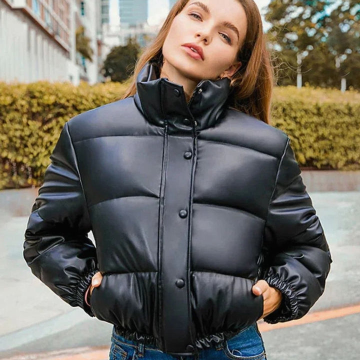 Women's Faux Leather Quilted Puffer Winter Coat Hooded Zipper