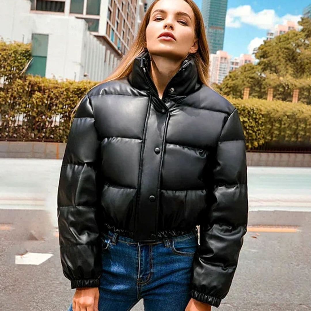 Women's Faux Leather Quilted Puffer Winter Coat Hooded Zipper