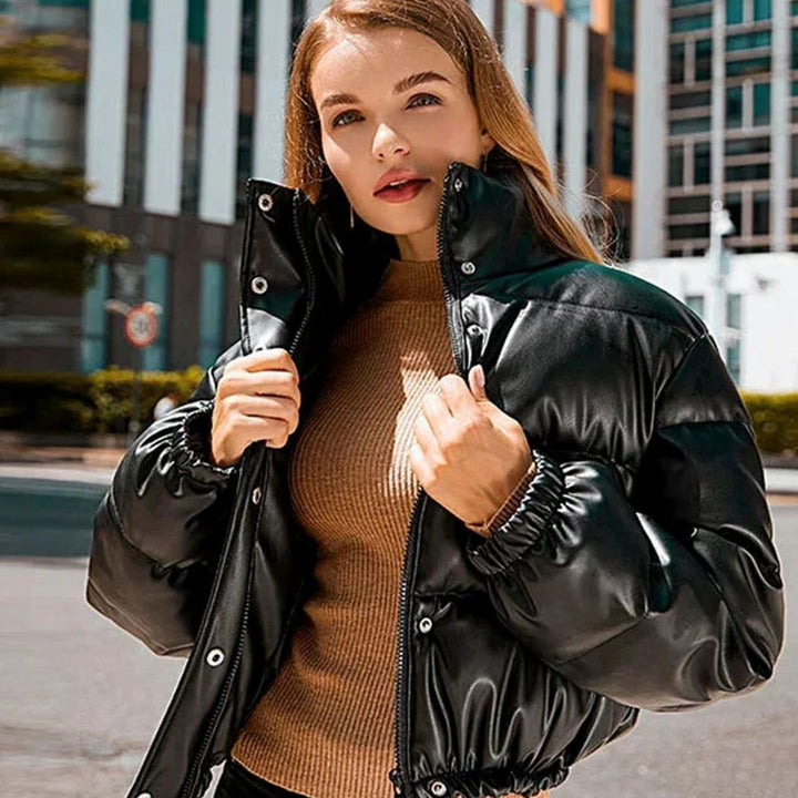 Women's Faux Leather Quilted Puffer Winter Coat Hooded Zipper