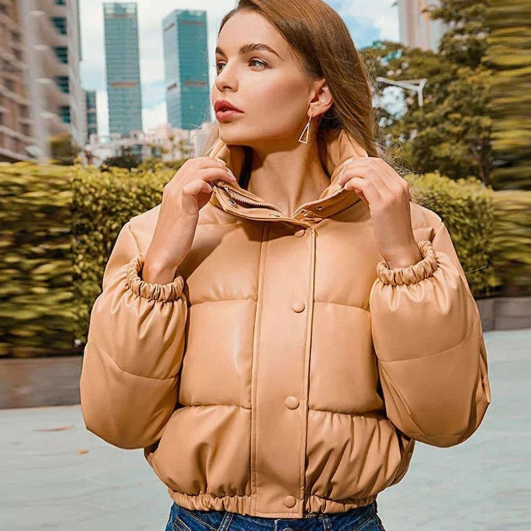 Women's Faux Leather Quilted Puffer Winter Coat Hooded Zipper - Khaki