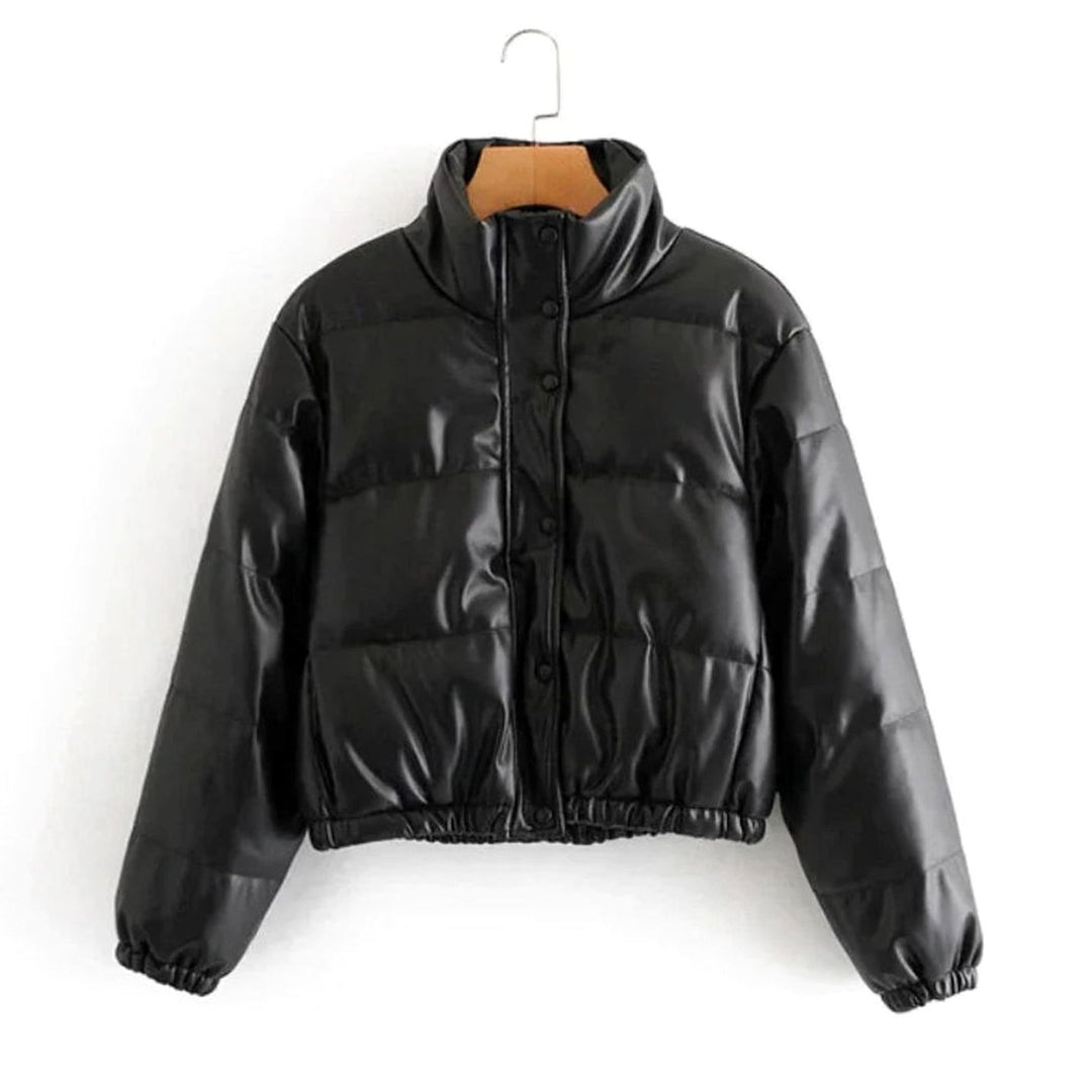 Women's Faux Leather Quilted Puffer Winter Coat Hooded Zipper