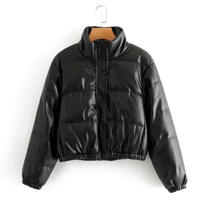 Women's Faux Leather Quilted Puffer Winter Coat Hooded Zipper