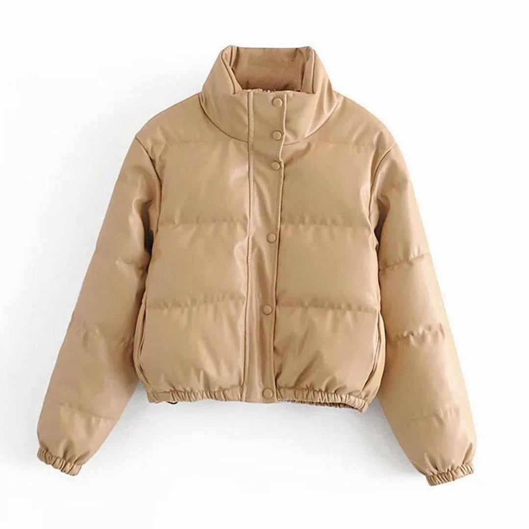 Women's Faux Leather Quilted Puffer Winter Coat Hooded Zipper