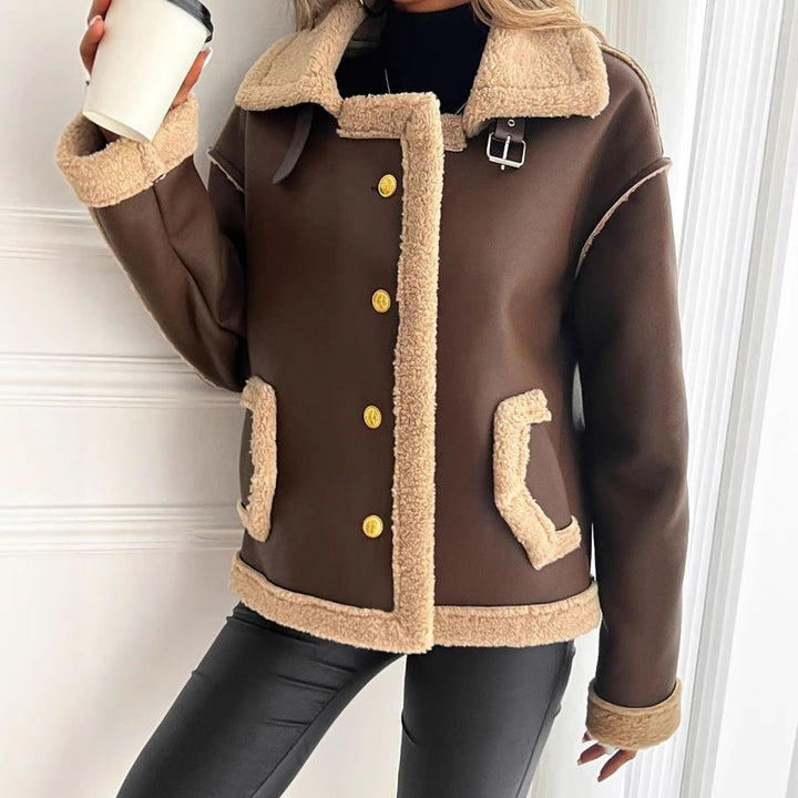 Women's Faux Leather Sherpa-Lined Button-Front Aviator Jacket - Brown