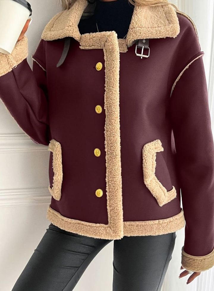 Women's Faux Leather Sherpa-Lined Button-Front Aviator Jacket - Red
