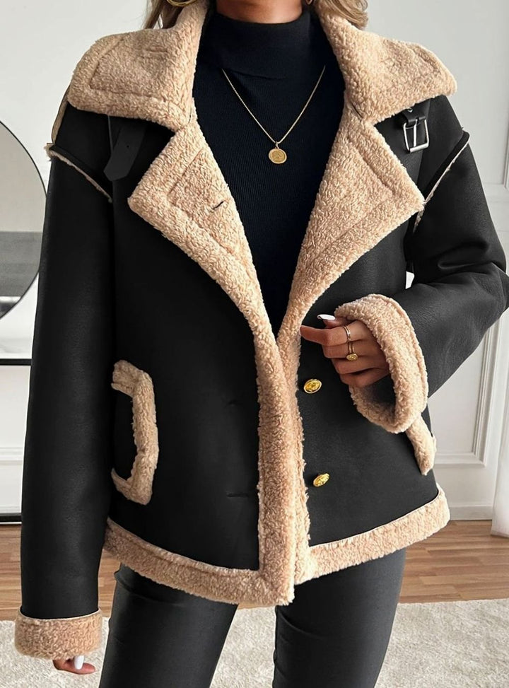 Women's Faux Leather Sherpa-Lined Button-Front Aviator Jacket - Black