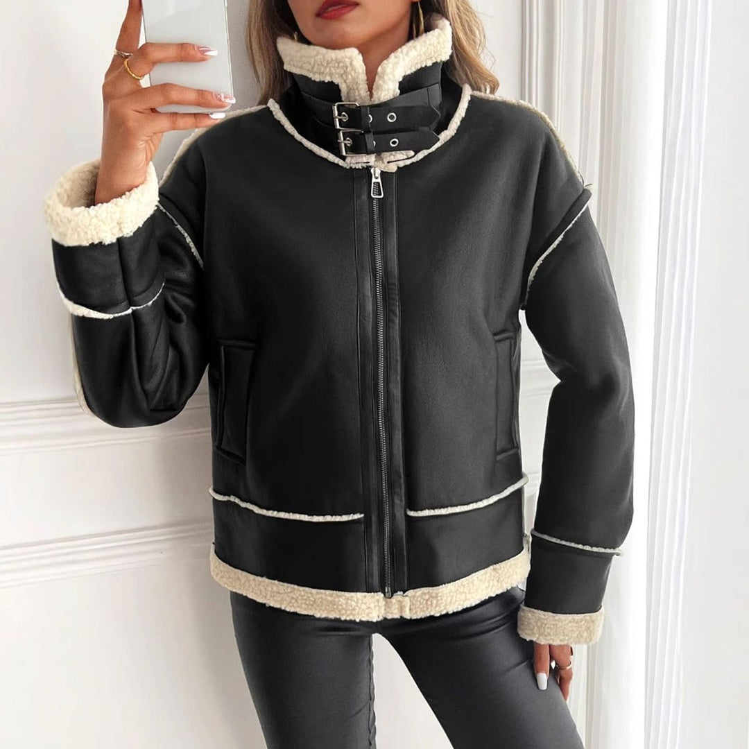 Women's Faux Leather Sherpa-Lined Zip-Up Aviator Jacket