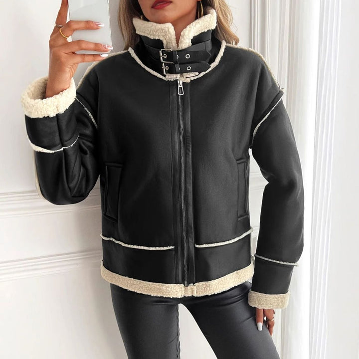 Women's Faux Leather Sherpa-Lined Zip-Up Aviator Jacket