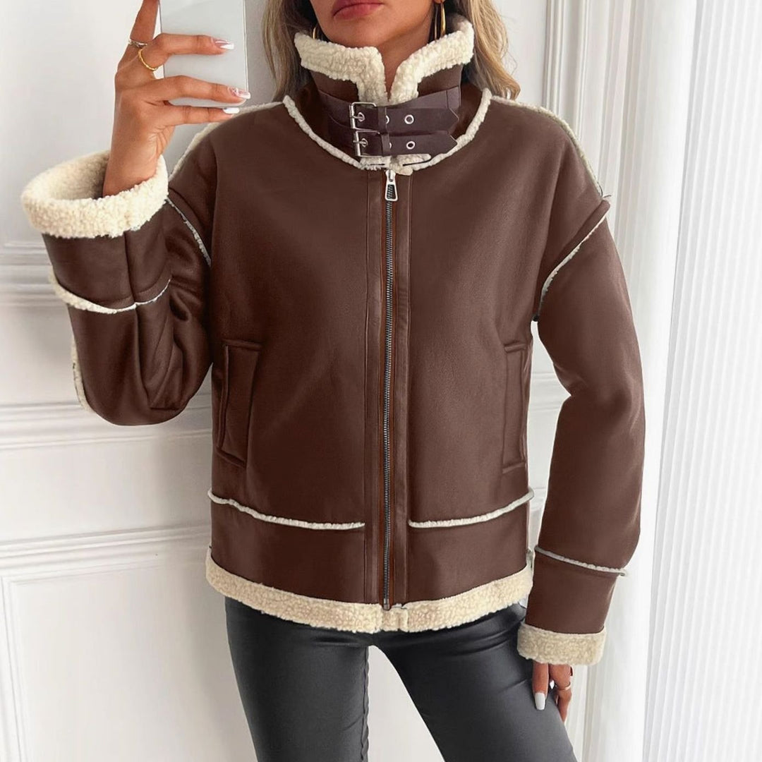 Women's Faux Leather Sherpa-Lined Zip-Up Aviator Jacket