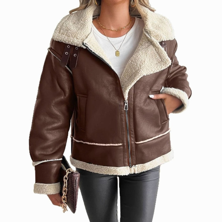 Women's Faux Leather Sherpa-Lined Zip-Up Aviator Jacket