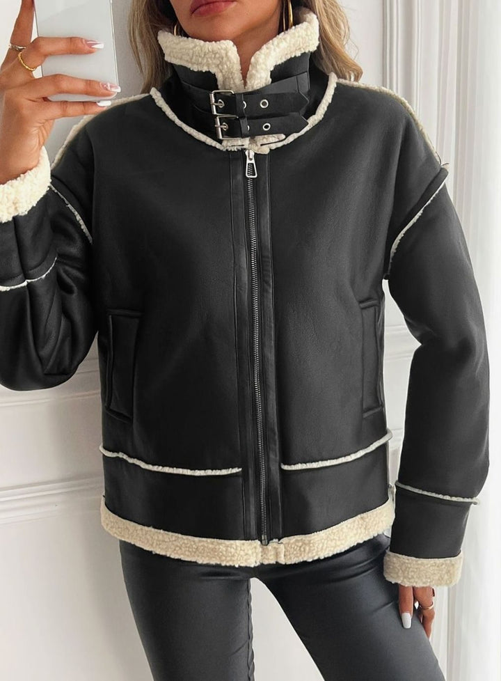 Women's Faux Leather Sherpa-Lined Zip-Up Aviator Jacket - Black