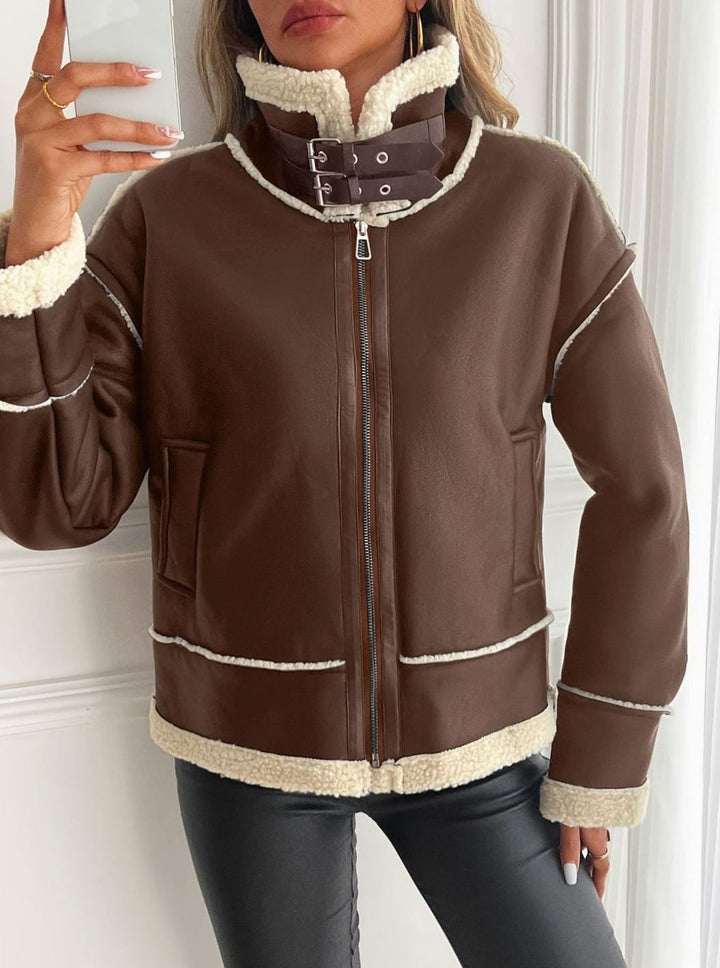 Women's Faux Leather Sherpa-Lined Zip-Up Aviator Jacket - Brown