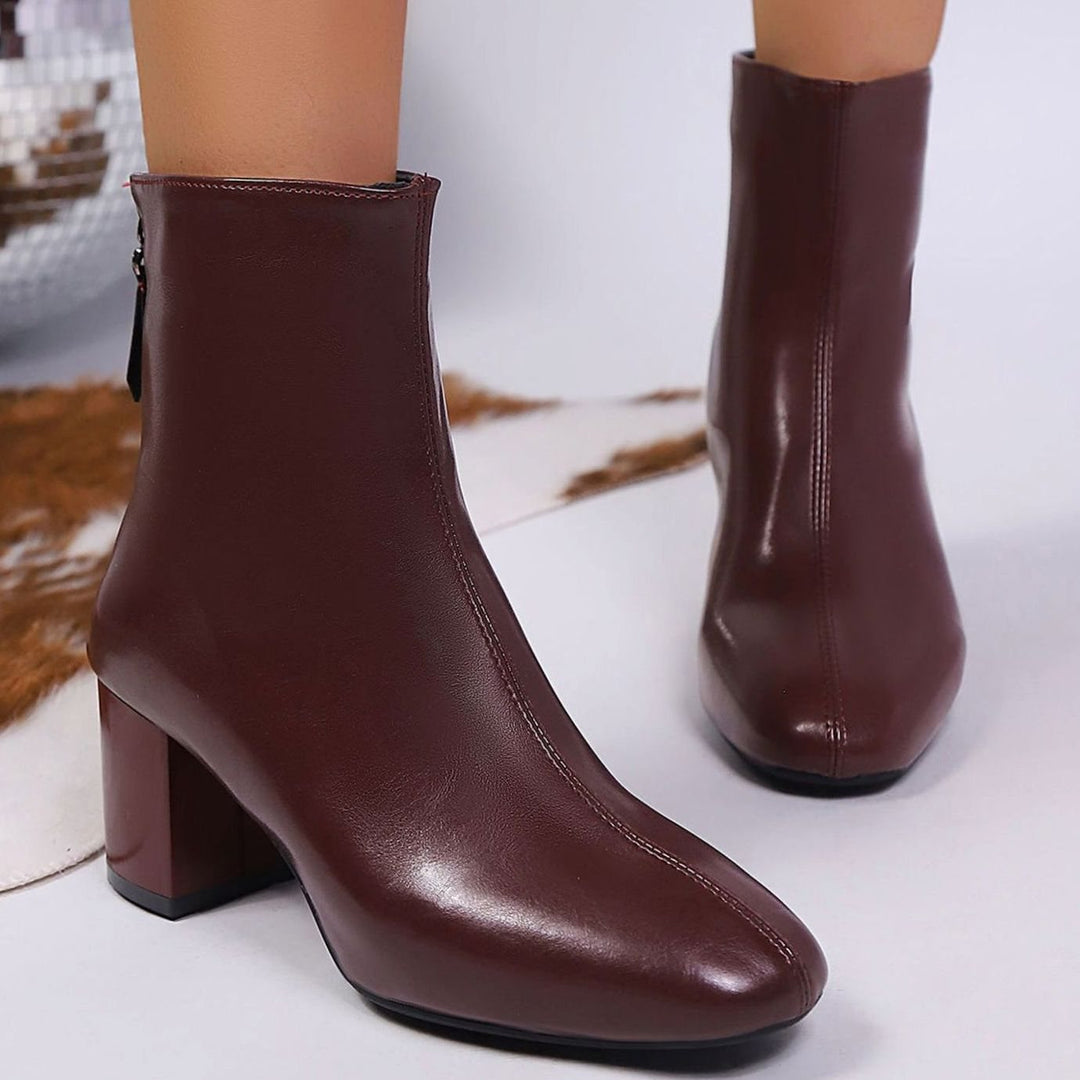 Women's Faux Leather Square-Toe Block Heel Ankle Boots - Red
