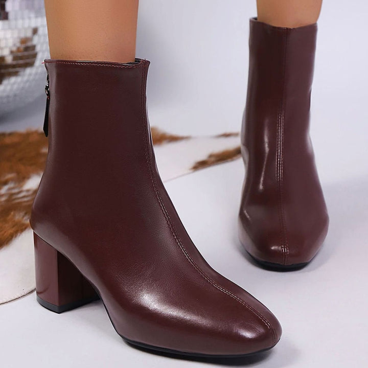Women's Faux Leather Square-Toe Block Heel Ankle Boots - Red