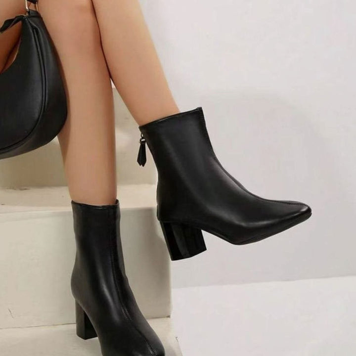 Women's Faux Leather Square-Toe Block Heel Ankle Boots - Black