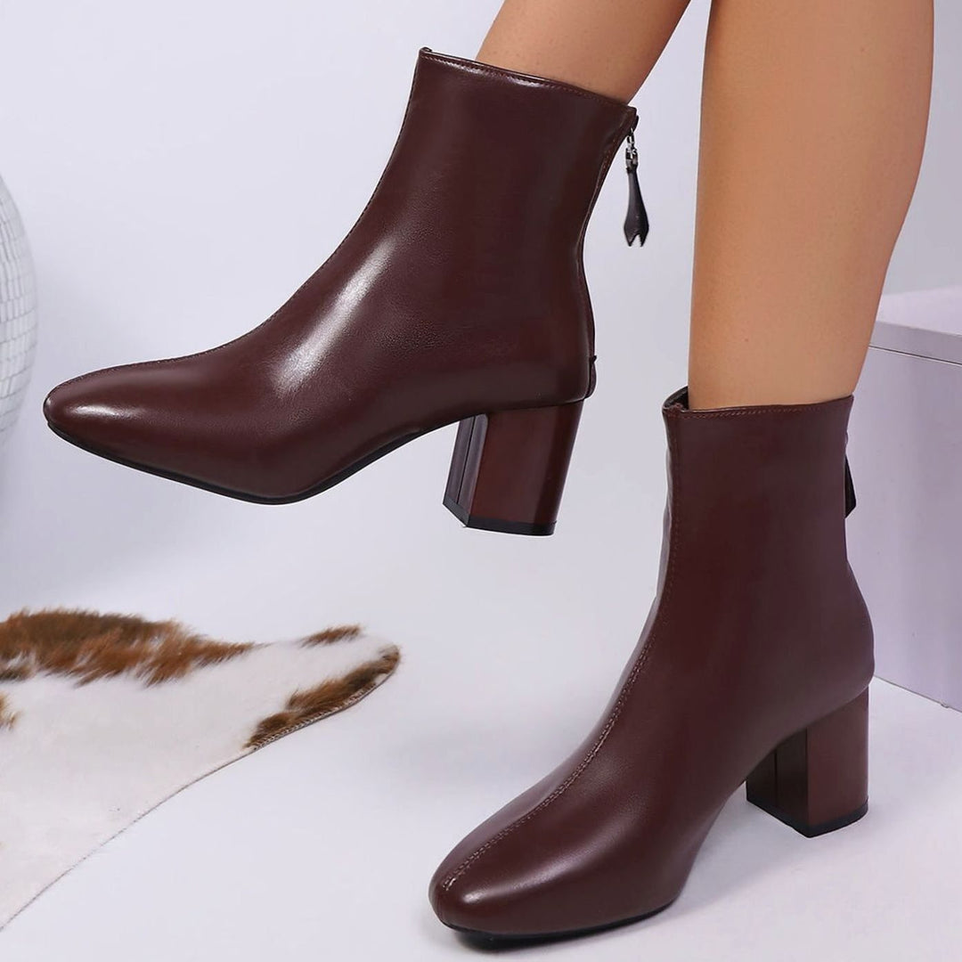 Women's Faux Leather Square-Toe Block Heel Ankle Boots - Brown
