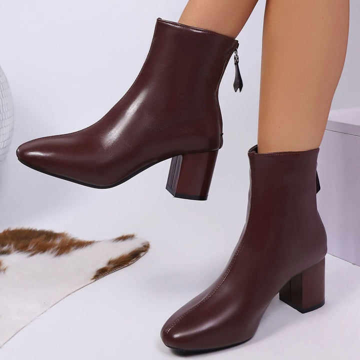 Women's Faux Leather Square-Toe Block Heel Ankle Boots - Brown