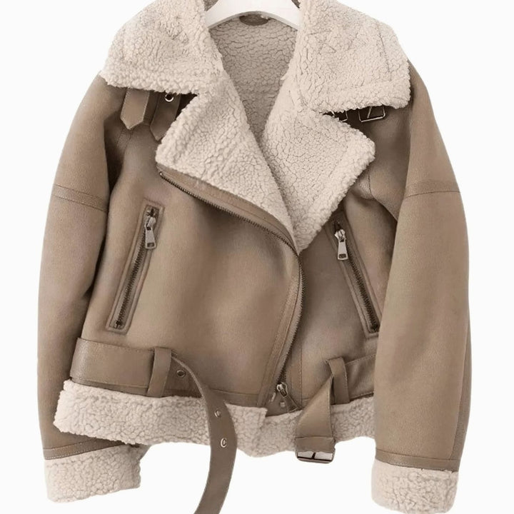 Women's Faux Shearling Aviator Jacket Belted Asymmetric-Zip - Brown