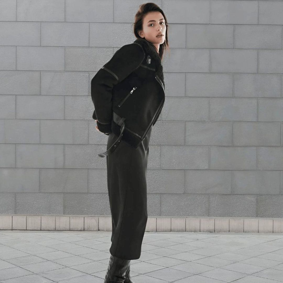 Women's Faux Shearling Aviator Jacket Belted Asymmetric-Zip