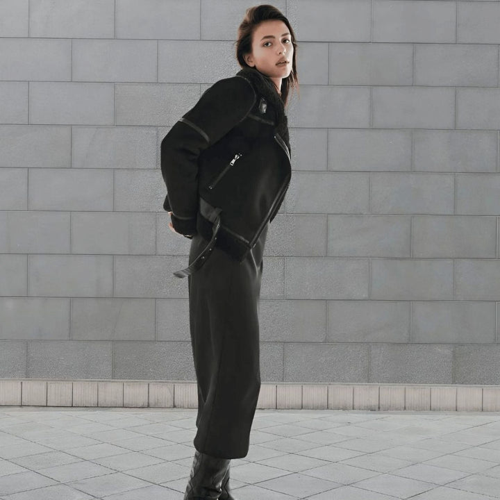 Women's Faux Shearling Aviator Jacket Belted Asymmetric-Zip