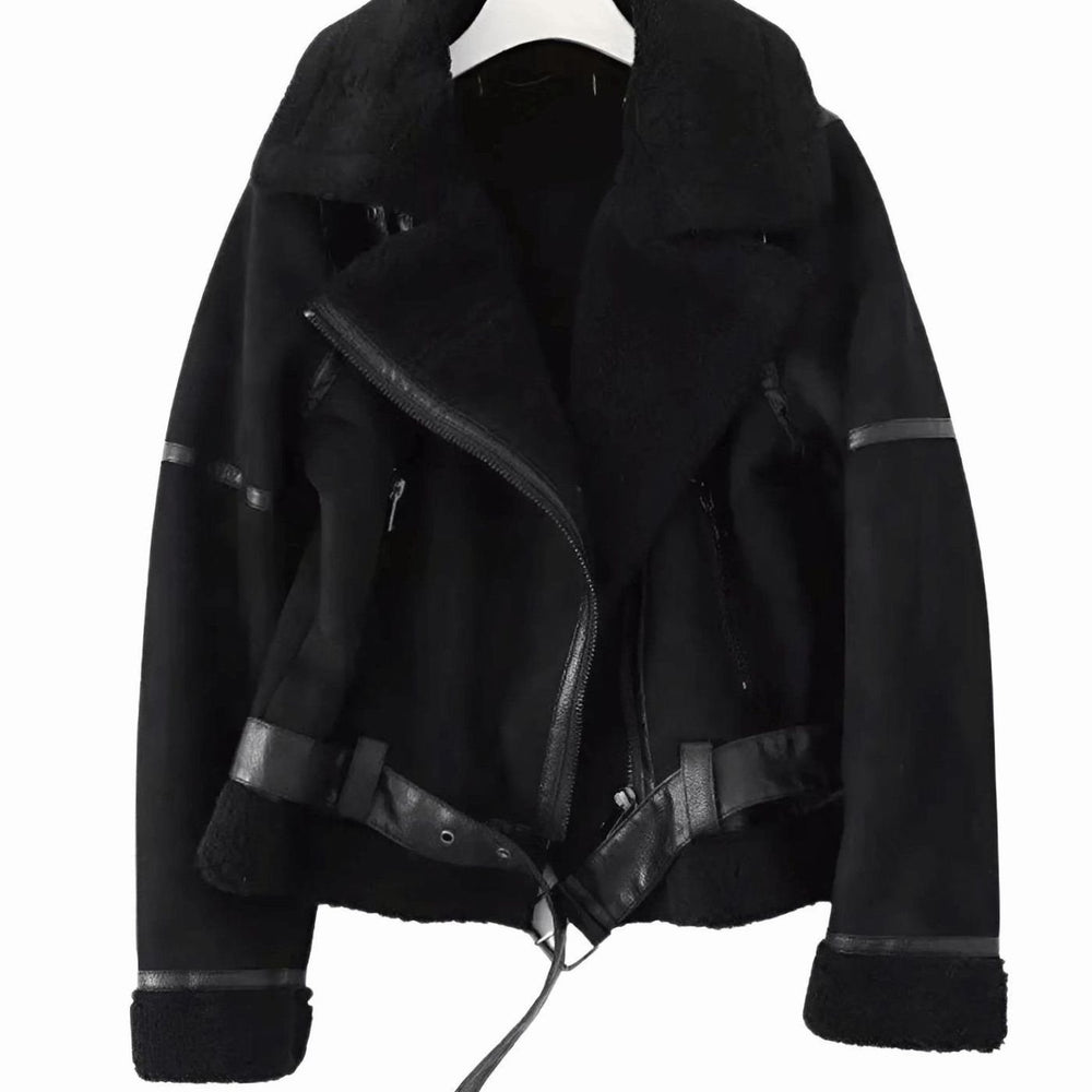 Women's Faux Shearling Aviator Jacket Belted Asymmetric-Zip - Black