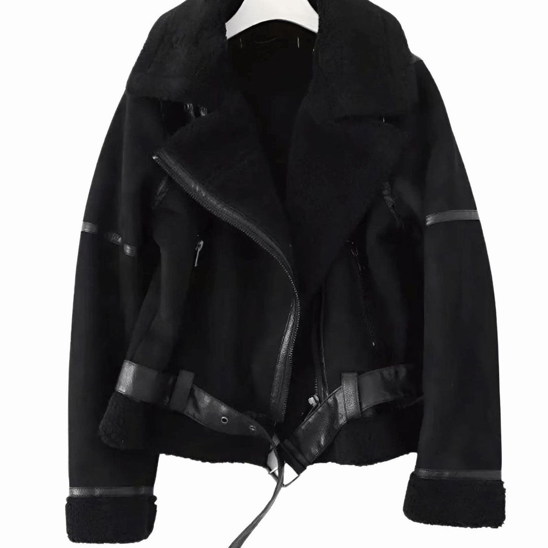 Women's Faux Shearling Aviator Jacket Belted Asymmetric-Zip - Black