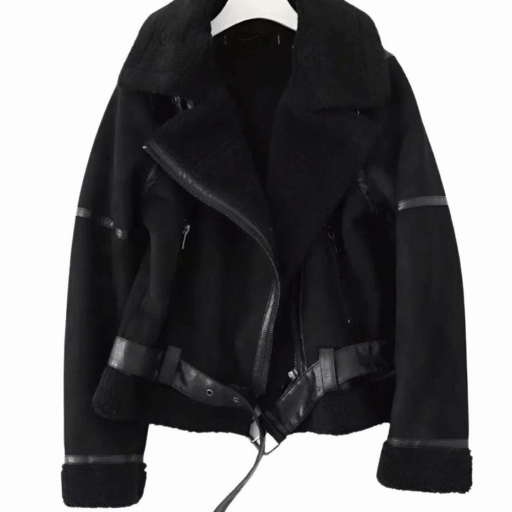 Women's Faux Shearling Aviator Jacket Belted Asymmetric-Zip - Black