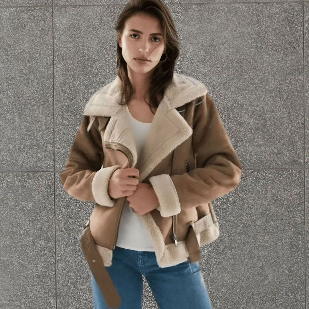 Women's Faux Shearling Aviator Jacket Belted Asymmetric-Zip