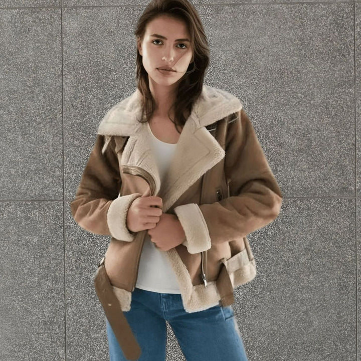 Women's Faux Shearling Aviator Jacket Belted Asymmetric-Zip