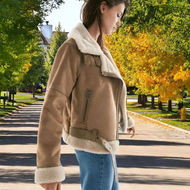 Women's Faux Shearling Aviator Jacket Belted Asymmetric-Zip