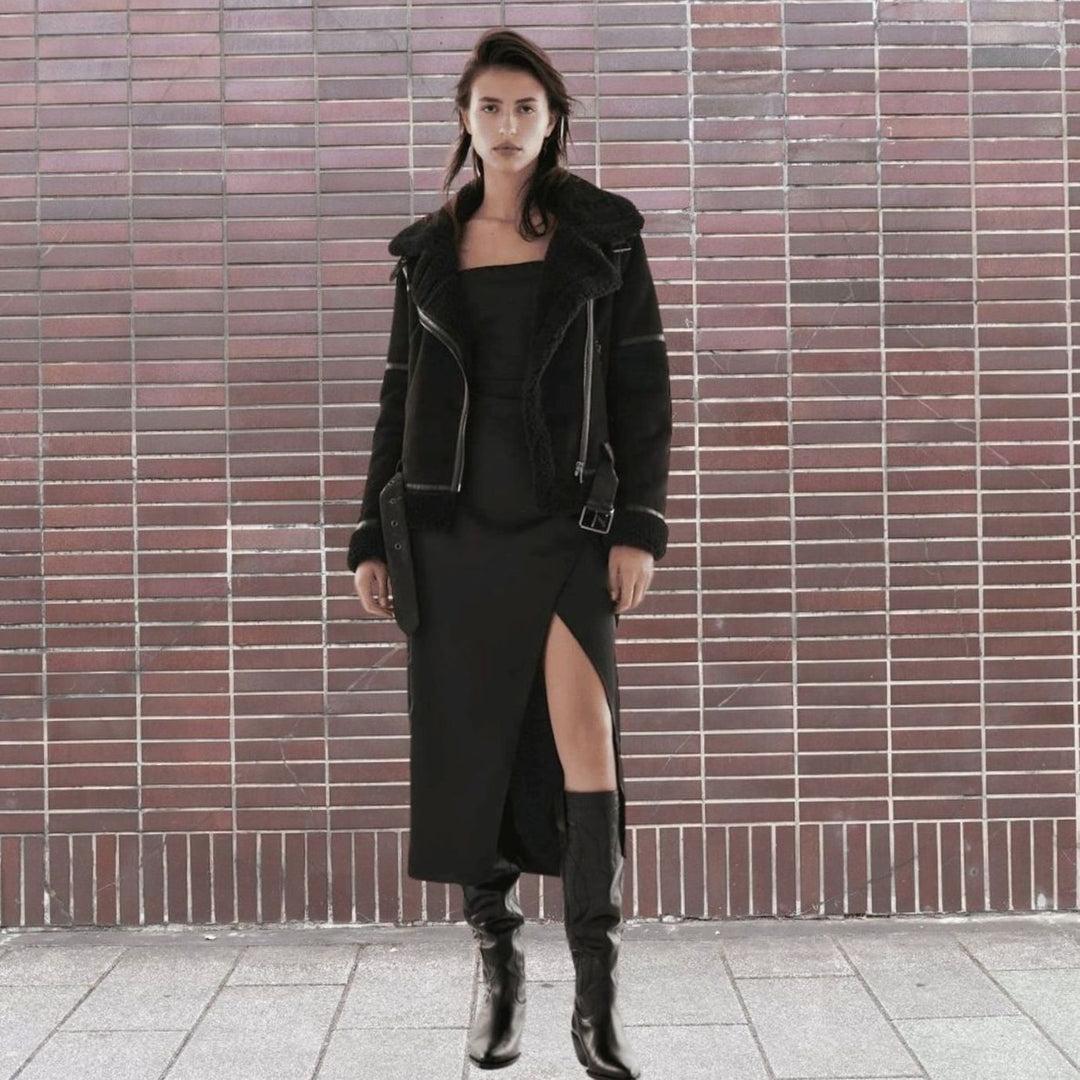 Women's Faux Shearling Aviator Jacket Belted Asymmetric-Zip