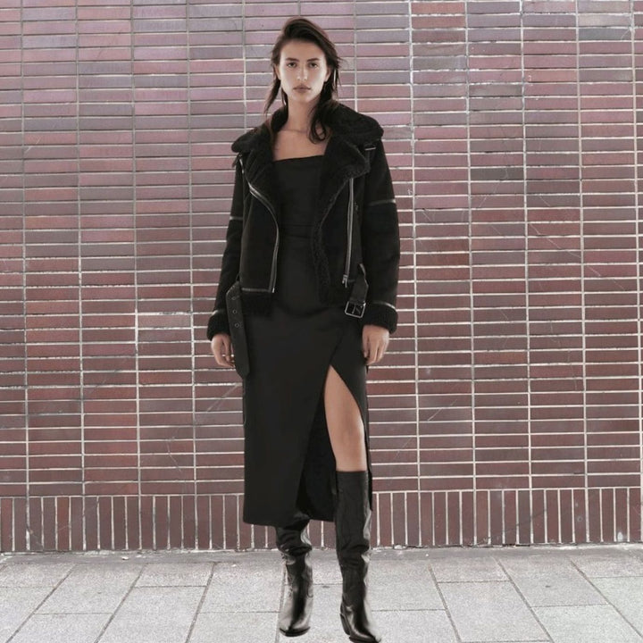 Women's Faux Shearling Aviator Jacket Belted Asymmetric-Zip