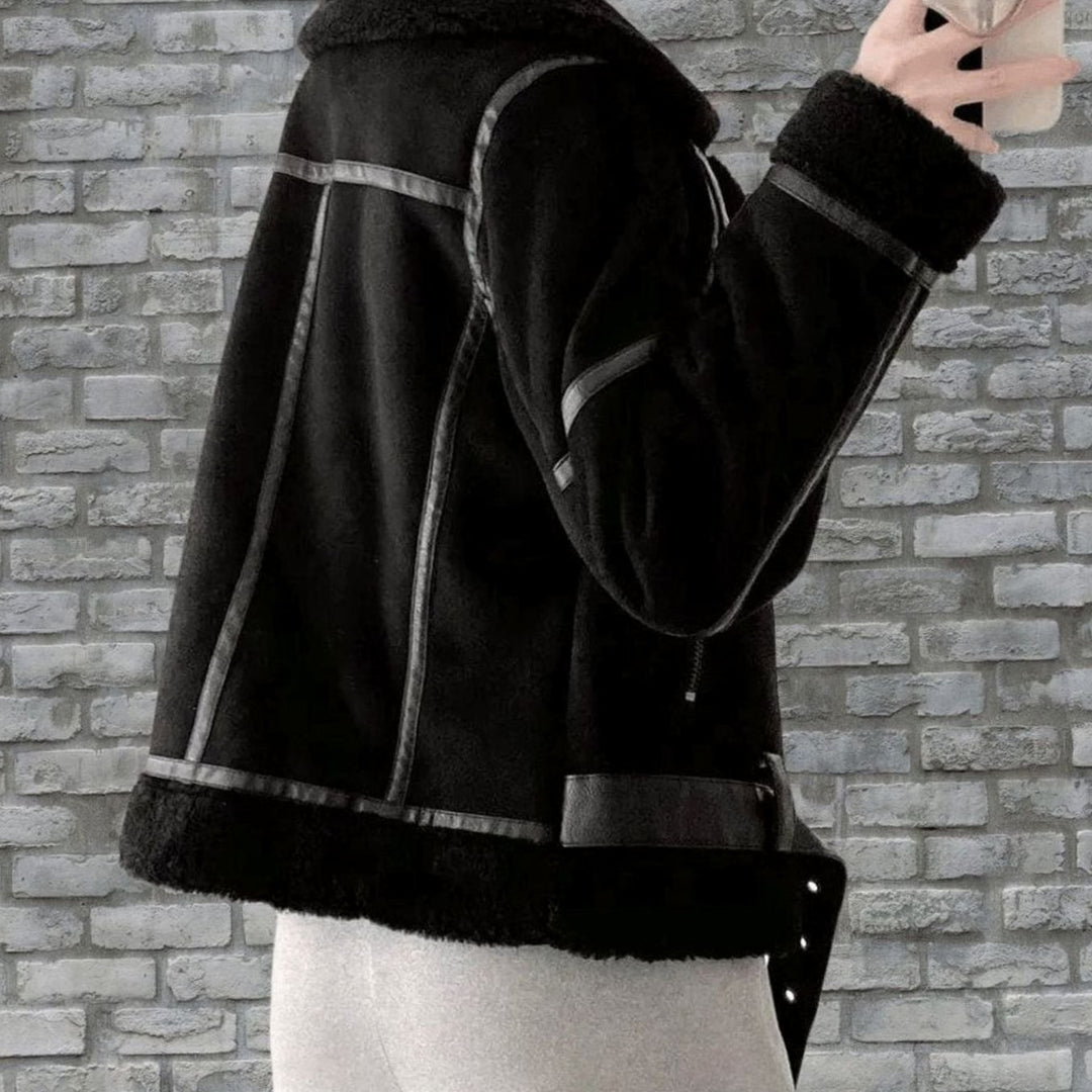 Women's Faux Shearling Aviator Jacket Belted Asymmetric-Zip