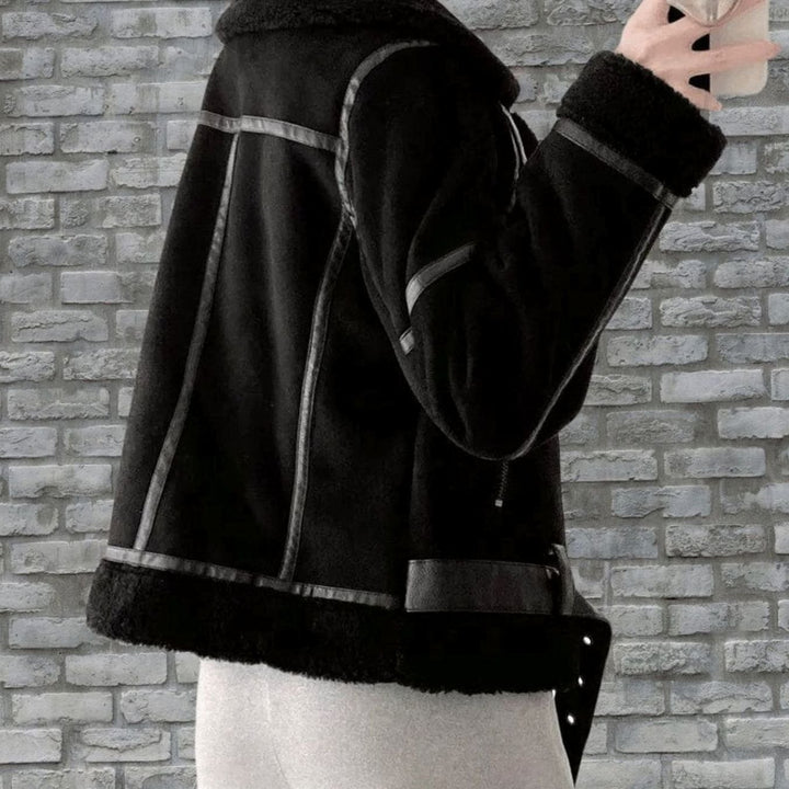 Women's Faux Shearling Aviator Jacket Belted Asymmetric-Zip