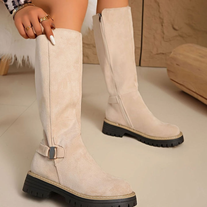 Women's Faux-Suede Block Heel Knee High Boots Zipper - Beige