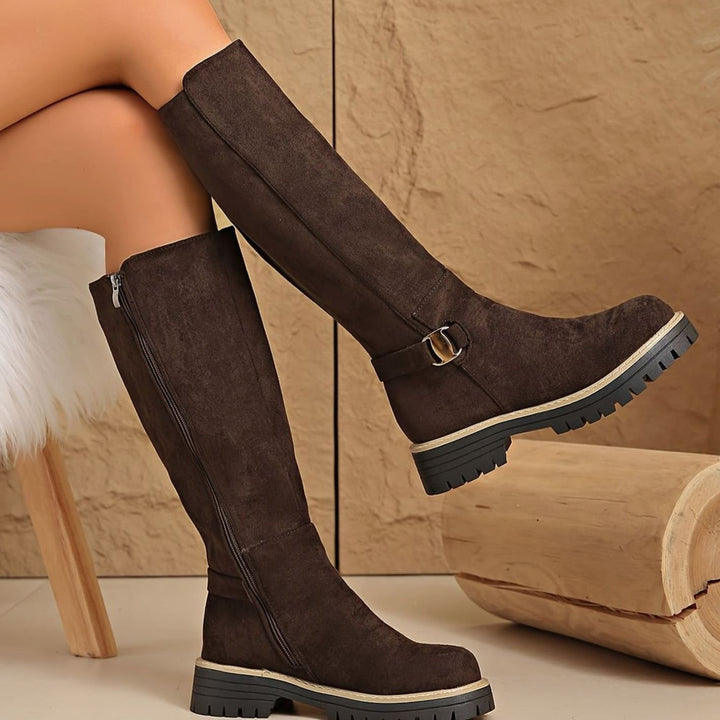 Women's Faux-Suede Block Heel Knee High Boots Zipper - Coffee