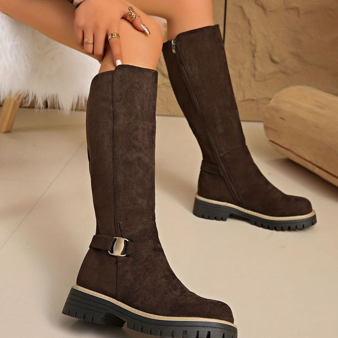 Women's Faux-Suede Block Heel Knee High Boots Zipper
