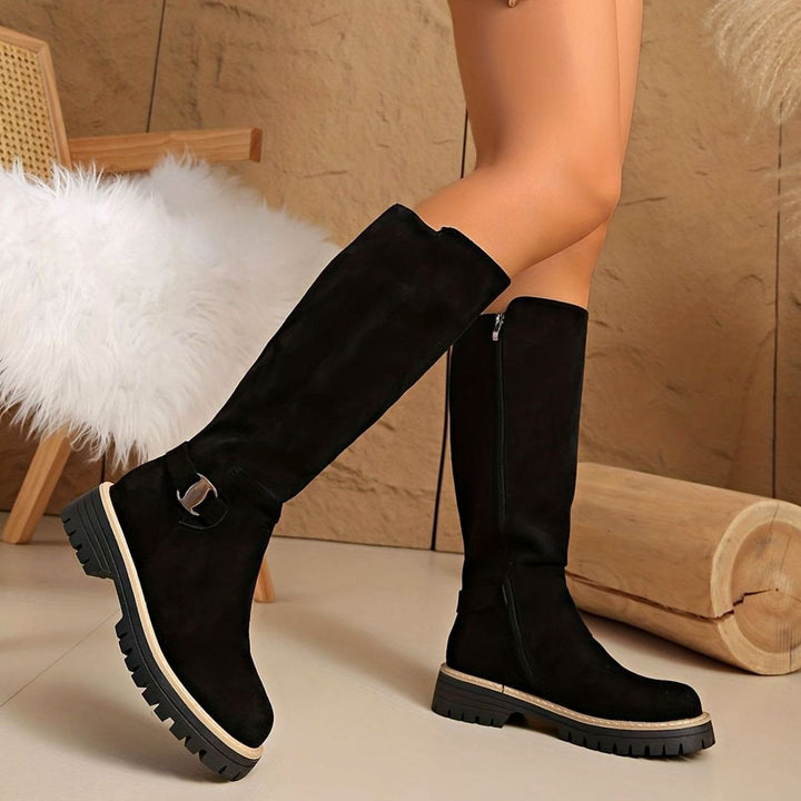 Women's Faux-Suede Block Heel Knee High Boots Zipper - Black